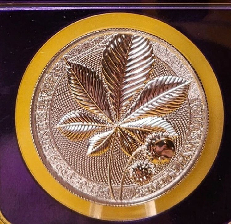 2021 ゲルマニア ミント 1 オンス チェスナット リーフ シルバー メダル NGC MS70 - パープル コア!