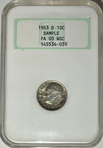 1963-D ルーズベルト銀貨 10 セント硬貨 - NGC FA 00 - サンプル、完全に無傷のホログラム裏面