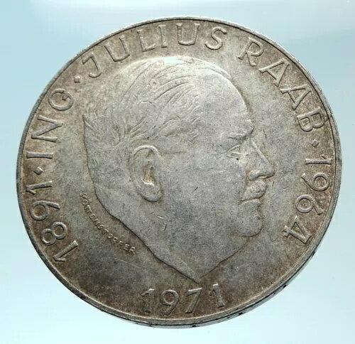1971年オーストリア、政治家ユリウス・ラーブのアンティークシルバー50シリングコイン i78816