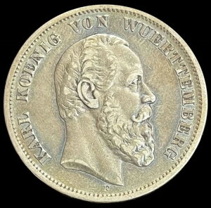 1876年 F 銀貨 ヴュルテンベルク王国 ドイツ諸邦 5マルク カール1世 コイン