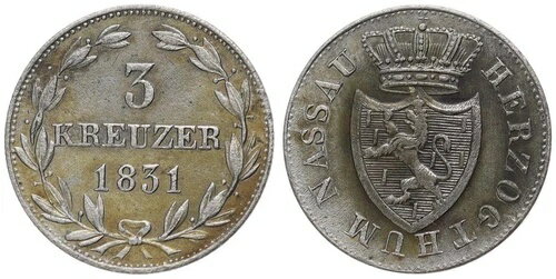 旧ドイツ - ナッサウ 3 巡洋艦 1831 - 銀 0.281、1.15g、? 15.75 mm KM# 52-