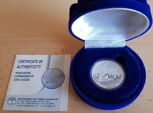 1 新シェケル イスラエル 2004 プルーフ銀貨「ウィンドサーフィン」ケース入り