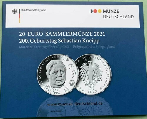 ドイツ 20ユーロ銀貨 2021年 セバスチャン・クナイプ記念コイン プルーフ