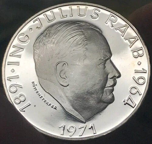 1971年 オーストリア プルーフ 50シリング「ユリウス・ラーブ」20g .900 シルバー