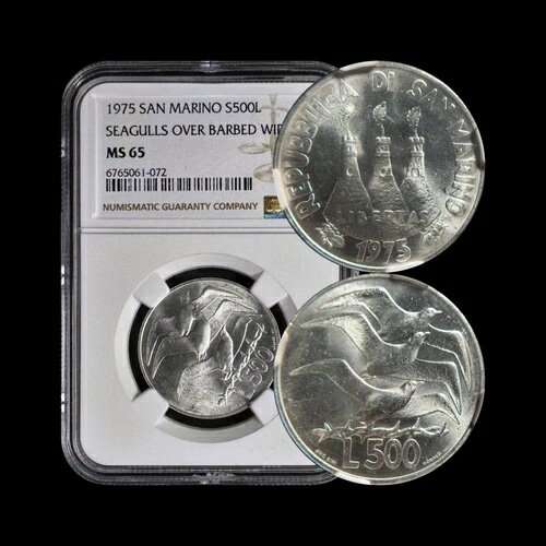 サンマリノ。1975年、500リラ、銀 - NGC MS65 - 有刺鉄線の上を飛ぶカモメ