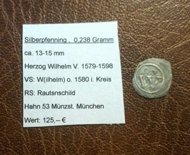 コイン、バイエルン、ヴィルヘルム 5 世、1579-1598、1 フェニング 1580、銀-