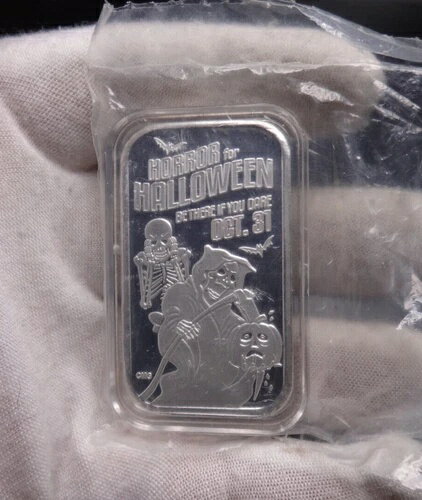 ハロウィーンの恐怖「死神」1オンス .999 シルバー アートバー CMG ミント 未使用