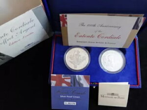 2004 年 シルバー プルーフ 英国 5 ポンド フランス 1 1/2 ユーロ コイン ボックス セット COA 英仏協商。