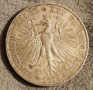 1859年 ドイツ連邦共和国 フランクフルト・アム・マイン THALER XF+ 90% 銀貨