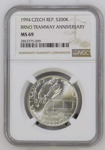 チェコ共和国 1994年 200コルナ銀貨 BU - ブルノ路面電車125周年記念 NGC MS 69