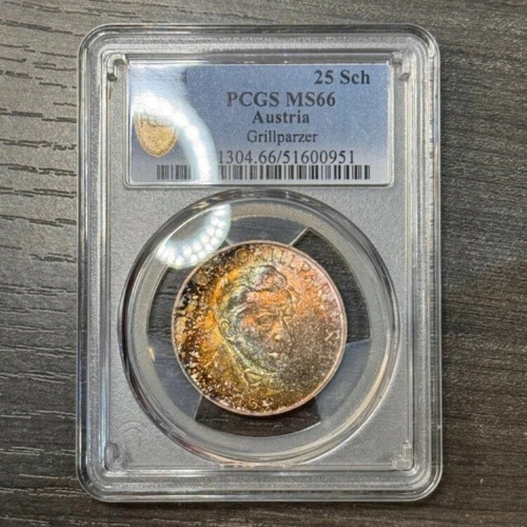 MS66 1964年 オーストリア シルバー 25シリング、PCGS トゥルービュー - 明るいレインボートーン
