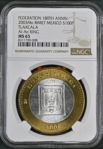 楽天WORLD RESOURCE【KING店】2003 Mo 100 ペソ バイメタル メキシコ トラスカラ Al-Ae リング シルバー コア NGC MS65