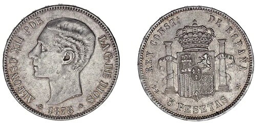 5 シルバー ペセタ / 5 ペセタ プラタ。デュロ。マドリッド。アルフォンソ12世。 1878年*。 XF