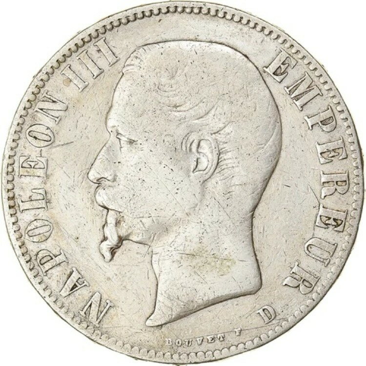 [#844620] コイン、フランス、ナポレオン3世、5フラン、1855年、リヨン、VF、銀、KM:782.3(3)