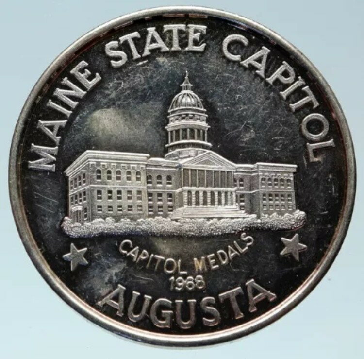 1968年 アメリカ メイン州オーガスタ 州議会議事堂紋章 純正オールドプルーフシルバーメダル i82923