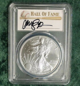 2021年 PCGS MS70 発行初日シルバーイーグル 1ドル、野球選手 ライン・サンドバーグのサイン入り