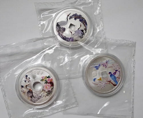 中国製 1オンス 純銀メダル 3枚セット - 鶴鳥牡丹