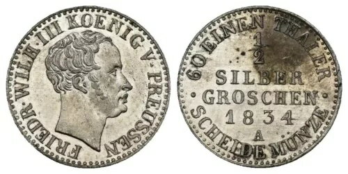 ドイツ - プロイセン 1 銀貨 1834年 - 銀 1.09g、直径 15.16mm Km#409(3)