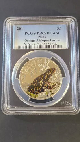 パラオ 2011 PCGS PR69 - 希少なオレンジ色のアテロプス・ケルトゥスの世界のカエル シルバー