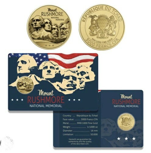 ラシュモア山 1/1000オンス金貨 3000フラン チャド 2024年
