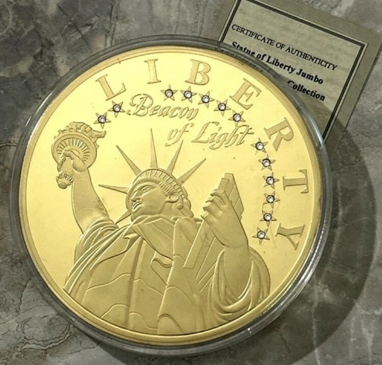 自由の女神像「光のビーコン」 巨大な4インチ金メッキメダルコインプルーフ COA付き