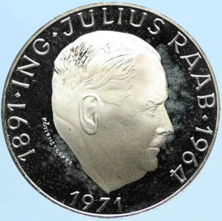 1971年オーストリア、政治家ユリウス・ラーブの肖像、プルーフ銀貨 50シリング i97728