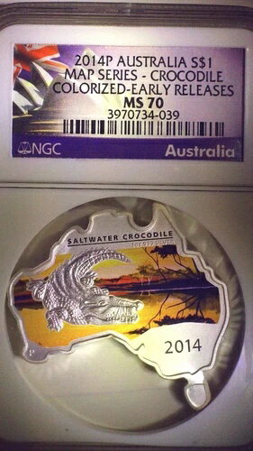 2014-P オーストラリア 地図型コイン、クロコダイル 1オンス 1ドル 銀貨 NGC MS70 ER