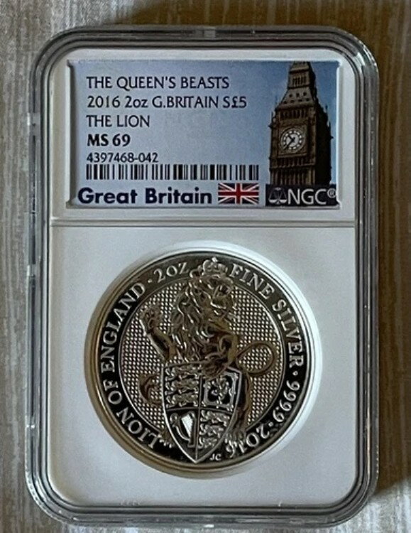 2016年 ライオン 2オンス NGC MS69 ピエフォート銀貨 イギリス 女王の獣たち