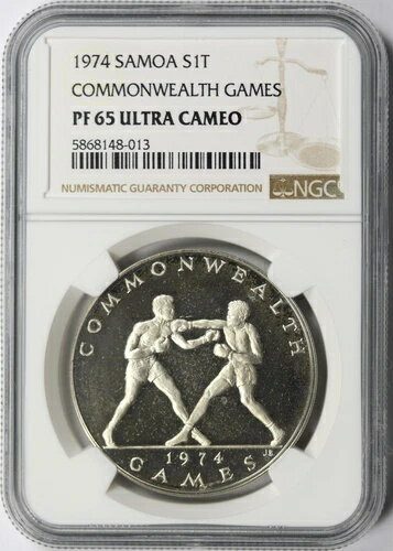 1974年 サモア 銀メダル 1タラ NGC PF65UCAM コモンウェルスゲームズ