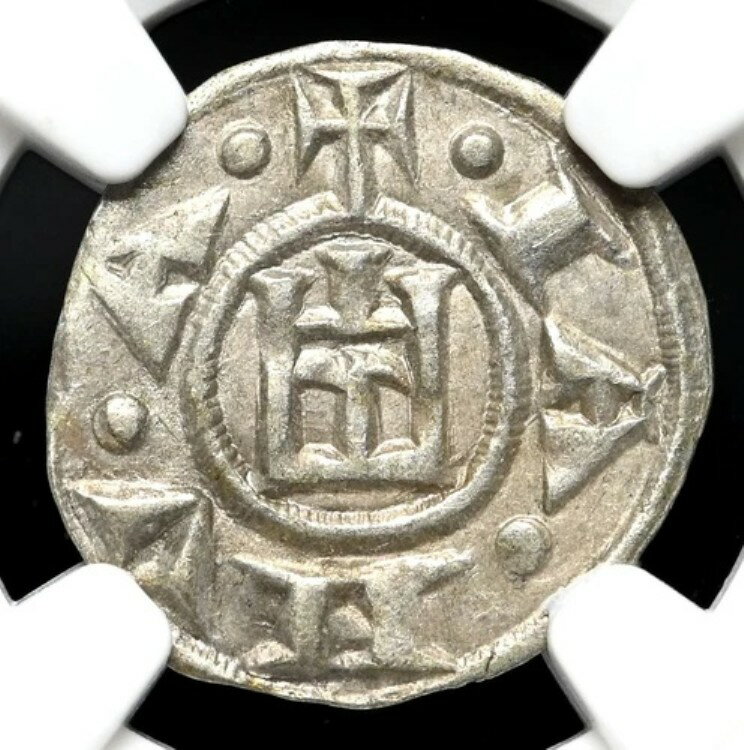 イタリア諸州、ジェノヴァ共和国。デナロ銀貨、1139-1339年、NGC AU55