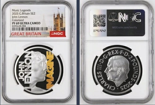 2025年 英国 S2ポンド ミュージックレジェンド ジョン・レノン カラー化 1オンス シルバー NGC PF69 UC