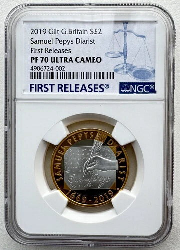 NGC PF70 FR イギリス 2019年 サミュエル・ピープス ダイアリスト 金箔銀貨 2ポンド