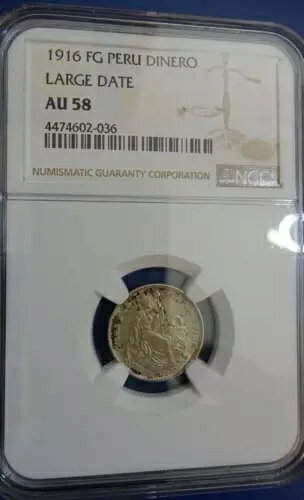 1916 (Large date) FG Dinero Peru AU 58商品について額面：ディネロ流通/非流通：流通組成：銀発行年：1916年認証番号：4474602-036通貨：ソル純度：0.9グレード：AU 58KM番号：204.2製造国/地域：ペルー種類：ラージ日付：NGC注意事項※以下の注意事項をご理解のうえ、ご購入ください■ 鑑定済みコイン・紙幣について各種コイン・紙幣の鑑定機関（NGC、PCGS、PMGなど）は、収集品の真贋鑑定およびグレーディングを行う専門機関です。鑑定後の商品は、専用ケース（スラブ）に封入され、状態を示すグレードが付与されます。■ グレードについてグレードはコイン・紙幣自体の状態を評価するものであり、ケース自体の品質や状態を保証するものではありません。製造・輸送時の影響により、以下のような状態が発生する場合がございます。- 軽微なスレ傷・拭き傷（特に光の角度で見えるもの）- ケース内部のホコリ・小さな異物（鑑定機関の検品基準を満たしている場合）- ラベルのズレ・わずかな傾きこれらは鑑定機関の基準内であり、返品・交換の対象とはなりませんのでご了承ください。■ ラベルの種類について各鑑定機関では、コイン・紙幣の状態や鑑定の結果に応じて異なるラベルが付与されます。- 通常ラベル（Standard/Regular）：一般的なグレード付き鑑定済みコイン・紙幣- オーセンティック（Authentic）：グレードなしで真贋のみ保証- 詳細グレード（Details）：クリーニング跡やエッジのダメージがあるが本物と認定- 特別ラベル（Special Label）：記念版や特定のデザインの限定ラベル - 例：NGC「Early Releases」「First Releases」、PCGS「First Strike」 などグレードやラベルの種類は、商品画像および説明文をご確認のうえ、ご購入ください。■ 在庫状況について当店の商品は海外から取り寄せております。ご購入のタイミングによっては在庫切れとなる場合がございます。その際はご連絡のうえ、ご注文をキャンセルさせていただく場合がございますので、あらかじめご了承ください。■ ご注文後のキャンセルについてご注文と同時に商品のお取り寄せを開始するため、お客様都合によるキャンセルは承っておりません。■ 配送についてお届けまでに通常2〜3週間ほどかかります。海外の祝日や天候、税関手続きにより通常より配送が遅れる可能性がございます。■ 保証について商品説明に英語で「保証（warranty）」と記載があっても、日本国内では適用されませんのでご了承ください。 当店では、商品到着後7日以内の初期不良に限り、対応させていただきます。 （返品規約の詳細については、楽天市場内の会社概要欄下部をご参照ください。）■ 商品の色・素材感について撮影環境やモニター設定により、実際の商品と色味や質感が異なる場合がございます。■ 価格変動について希少性の高い商品は市場価格の変動により、追加料金をお願いする場合がございます。追加料金に同意いただけない場合には、ご注文のキャンセルが可能ですので、ご安心ください。■ その他サービスについて海外製品の輸入代行も承っております。ショップに掲載されていない商品でもお探し可能ですので、お気軽にご相談ください。尚、業者販売（業販）や複数購入の場合、割引対応も可能です。ご希望の方はお問い合わせください。