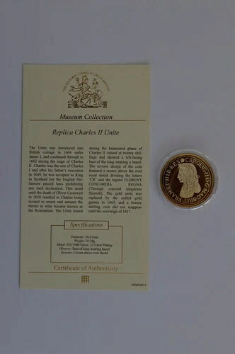 Charles II Unite Museum Collection Gold Plated Silver Coin + COA商品について注意事項※以下の注意事項をご理解のうえ、ご購入ください■ 鑑定済みコイン・紙幣について各種コイン・紙幣の鑑定機関（NGC、PCGS、PMGなど）は、収集品の真贋鑑定およびグレーディングを行う専門機関です。鑑定後の商品は、専用ケース（スラブ）に封入され、状態を示すグレードが付与されます。■ グレードについてグレードはコイン・紙幣自体の状態を評価するものであり、ケース自体の品質や状態を保証するものではありません。製造・輸送時の影響により、以下のような状態が発生する場合がございます。- 軽微なスレ傷・拭き傷（特に光の角度で見えるもの）- ケース内部のホコリ・小さな異物（鑑定機関の検品基準を満たしている場合）- ラベルのズレ・わずかな傾きこれらは鑑定機関の基準内であり、返品・交換の対象とはなりませんのでご了承ください。■ ラベルの種類について各鑑定機関では、コイン・紙幣の状態や鑑定の結果に応じて異なるラベルが付与されます。- 通常ラベル（Standard/Regular）：一般的なグレード付き鑑定済みコイン・紙幣- オーセンティック（Authentic）：グレードなしで真贋のみ保証- 詳細グレード（Details）：クリーニング跡やエッジのダメージがあるが本物と認定- 特別ラベル（Special Label）：記念版や特定のデザインの限定ラベル - 例：NGC「Early Releases」「First Releases」、PCGS「First Strike」 などグレードやラベルの種類は、商品画像および説明文をご確認のうえ、ご購入ください。■ 在庫状況について当店の商品は海外から取り寄せております。ご購入のタイミングによっては在庫切れとなる場合がございます。その際はご連絡のうえ、ご注文をキャンセルさせていただく場合がございますので、あらかじめご了承ください。■ ご注文後のキャンセルについてご注文と同時に商品のお取り寄せを開始するため、お客様都合によるキャンセルは承っておりません。■ 配送についてお届けまでに通常2〜3週間ほどかかります。海外の祝日や天候、税関手続きにより通常より配送が遅れる可能性がございます。■ 保証について商品説明に英語で「保証（warranty）」と記載があっても、日本国内では適用されませんのでご了承ください。 当店では、商品到着後7日以内の初期不良に限り、対応させていただきます。 （返品規約の詳細については、楽天市場内の会社概要欄下部をご参照ください。）■ 商品の色・素材感について撮影環境やモニター設定により、実際の商品と色味や質感が異なる場合がございます。■ 価格変動について希少性の高い商品は市場価格の変動により、追加料金をお願いする場合がございます。追加料金に同意いただけない場合には、ご注文のキャンセルが可能ですので、ご安心ください。■ その他サービスについて海外製品の輸入代行も承っております。ショップに掲載されていない商品でもお探し可能ですので、お気軽にご相談ください。尚、業者販売（業販）や複数購入の場合、割引対応も可能です。ご希望の方はお問い合わせください。