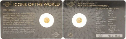ルワンダ 10 FRW ゴールド 2015 Icons Of The World Springbok 未使用 126278
