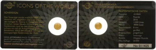 ルワンダ 10 FRW ゴールド 2016 Icons Of The World Sovereign Prfr. 122630