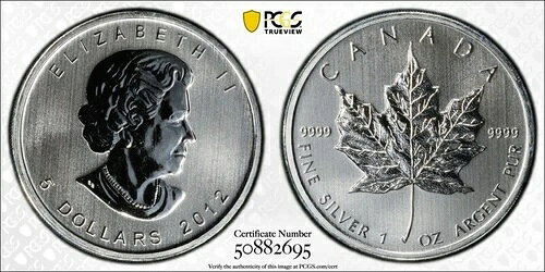 2012年カナダドル5ドル銀貨メープルリーフ - 未使用 - 金盾ラベル - MS68