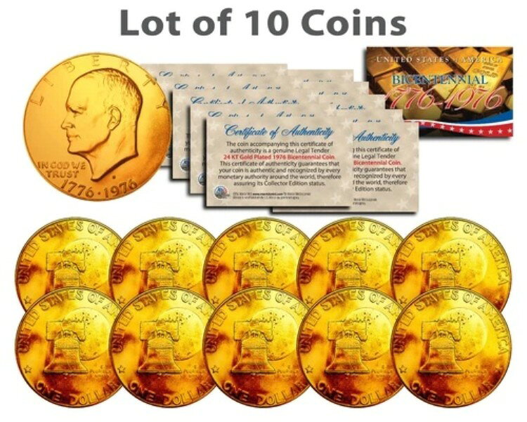Bicentennial 1976 Eisenhower IKE Dollar U.S. Coins 24K GOLD PLATED (Lot of 10)商品について出品者コメント「新品」流通/未流通額面 1ドル材質 24金メッキ発行年 1976年純度 24金メッキ製造国/地域 アメリカ合衆国認定 米国造幣局注意事項※以下の注意事項をご理解のうえ、ご購入ください■ 鑑定済みコイン・紙幣について各種コイン・紙幣の鑑定機関（NGC、PCGS、PMGなど）は、収集品の真贋鑑定およびグレーディングを行う専門機関です。鑑定後の商品は、専用ケース（スラブ）に封入され、状態を示すグレードが付与されます。■ グレードについてグレードはコイン・紙幣自体の状態を評価するものであり、ケース自体の品質や状態を保証するものではありません。製造・輸送時の影響により、以下のような状態が発生する場合がございます。- 軽微なスレ傷・拭き傷（特に光の角度で見えるもの）- ケース内部のホコリ・小さな異物（鑑定機関の検品基準を満たしている場合）- ラベルのズレ・わずかな傾きこれらは鑑定機関の基準内であり、返品・交換の対象とはなりませんのでご了承ください。■ ラベルの種類について各鑑定機関では、コイン・紙幣の状態や鑑定の結果に応じて異なるラベルが付与されます。- 通常ラベル（Standard/Regular）：一般的なグレード付き鑑定済みコイン・紙幣- オーセンティック（Authentic）：グレードなしで真贋のみ保証- 詳細グレード（Details）：クリーニング跡やエッジのダメージがあるが本物と認定- 特別ラベル（Special Label）：記念版や特定のデザインの限定ラベル - 例：NGC「Early Releases」「First Releases」、PCGS「First Strike」 などグレードやラベルの種類は、商品画像および説明文をご確認のうえ、ご購入ください。■ 在庫状況について当店の商品は海外から取り寄せております。ご購入のタイミングによっては在庫切れとなる場合がございます。その際はご連絡のうえ、ご注文をキャンセルさせていただく場合がございますので、あらかじめご了承ください。■ ご注文後のキャンセルについてご注文と同時に商品のお取り寄せを開始するため、お客様都合によるキャンセルは承っておりません。■ 配送についてお届けまでに通常2〜3週間ほどかかります。海外の祝日や天候、税関手続きにより通常より配送が遅れる可能性がございます。■ 保証について商品説明に英語で「保証（warranty）」と記載があっても、日本国内では適用されませんのでご了承ください。 当店では、商品到着後7日以内の初期不良に限り、対応させていただきます。 （返品規約の詳細については、楽天市場内の会社概要欄下部をご参照ください。）■ 商品の色・素材感について撮影環境やモニター設定により、実際の商品と色味や質感が異なる場合がございます。■ 価格変動について希少性の高い商品は市場価格の変動により、追加料金をお願いする場合がございます。追加料金に同意いただけない場合には、ご注文のキャンセルが可能ですので、ご安心ください。■ その他サービスについて海外製品の輸入代行も承っております。ショップに掲載されていない商品でもお探し可能ですので、お気軽にご相談ください。尚、業者販売（業販）や複数購入の場合、割引対応も可能です。ご希望の方はお問い合わせください。