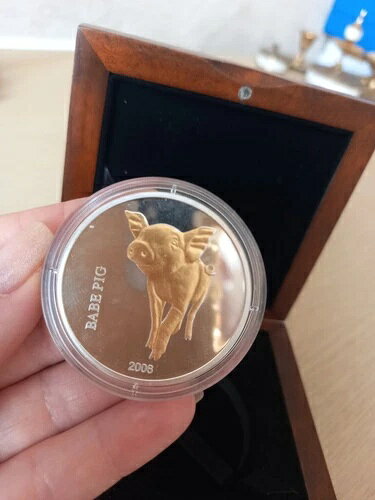 コンゴ 10フラン 幸運の子豚動物金メッキ銀貨 2006年