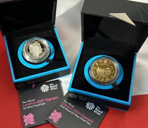 2012年ロンドンオリンピック 5ポンド硬貨 2枚セット。金メッキS.P.&シルバープルーフ。ロイヤルミント