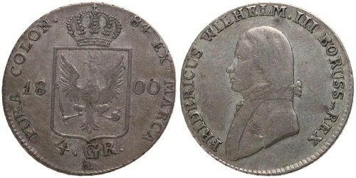 旧ドイツ諸州 - プロイセン 4ペニー 1800 A - 銀、5.345g、直径26.3mm、Km#370