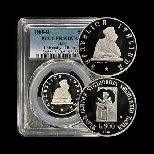 イタリア。1988年、500リラ、銀貨 - PCGS PR69 - Top Pop ?? ボローニャ大学