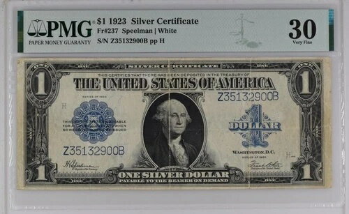 1923年 1ドル銀貨証明書 FR# 237 スピールマン ホワイト PMG 30 非常に良好
