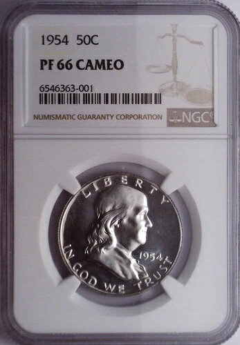 1954年製フランクリン NGC PF66 カメオ、578個限定、NGC価格225ドル、鮮やかなベルレタリング(3)