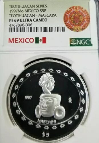 1997年 メキシコ シルバー 5ペソ S5P テオティワカン マスカラ NGC PF 69 ウルトラカメオ トップポップ