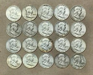 フランクリンシルバーハーフダラー20枚入りコインロール - 1950年代のコイン10枚 / 1960年代のコイン10枚