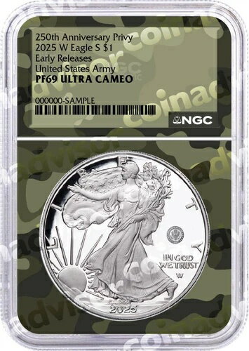 2025 W $1 シルバーイーグル 250周年記念 米陸軍 プライベート NGC PF69 UCAM ER カモフラージュ コア