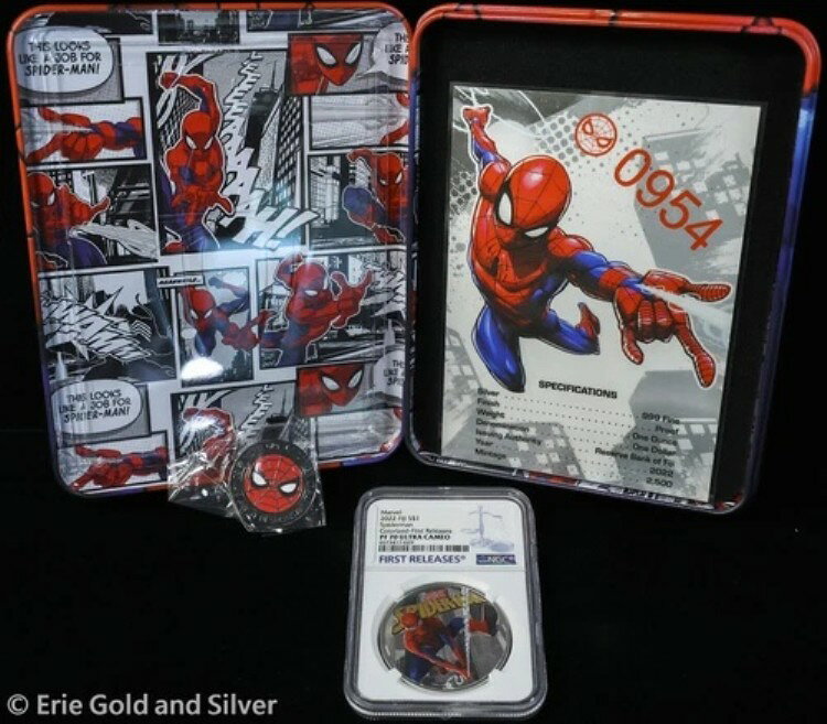 2022 フィジー マーベル スパイダーマン 1 オンス シルバー コイン & ピン セット OGP NGC PR 70 UC