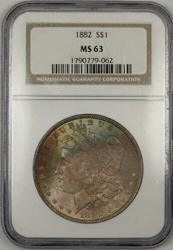 1882 Morgan Silver Dollar $1 Coin NGC MS-63 Nicely Toned (Tb)商品について販売者メモ「NGC MS-63 トーン」認証：NGCグレード：MS 63発行年：1882年流通/非流通：非流通刻印：ビジネス鋳造場所：フィラデルフィア材質：銀製造国/地域：アメリカ合衆国注意事項※以下の注意事項をご理解のうえ、ご購入ください■ 鑑定済みコイン・紙幣について各種コイン・紙幣の鑑定機関（NGC、PCGS、PMGなど）は、収集品の真贋鑑定およびグレーディングを行う専門機関です。鑑定後の商品は、専用ケース（スラブ）に封入され、状態を示すグレードが付与されます。■ グレードについてグレードはコイン・紙幣自体の状態を評価するものであり、ケース自体の品質や状態を保証するものではありません。製造・輸送時の影響により、以下のような状態が発生する場合がございます。- 軽微なスレ傷・拭き傷（特に光の角度で見えるもの）- ケース内部のホコリ・小さな異物（鑑定機関の検品基準を満たしている場合）- ラベルのズレ・わずかな傾きこれらは鑑定機関の基準内であり、返品・交換の対象とはなりませんのでご了承ください。■ ラベルの種類について各鑑定機関では、コイン・紙幣の状態や鑑定の結果に応じて異なるラベルが付与されます。- 通常ラベル（Standard/Regular）：一般的なグレード付き鑑定済みコイン・紙幣- オーセンティック（Authentic）：グレードなしで真贋のみ保証- 詳細グレード（Details）：クリーニング跡やエッジのダメージがあるが本物と認定- 特別ラベル（Special Label）：記念版や特定のデザインの限定ラベル - 例：NGC「Early Releases」「First Releases」、PCGS「First Strike」 などグレードやラベルの種類は、商品画像および説明文をご確認のうえ、ご購入ください。■ 在庫状況について当店の商品は海外から取り寄せております。ご購入のタイミングによっては在庫切れとなる場合がございます。その際はご連絡のうえ、ご注文をキャンセルさせていただく場合がございますので、あらかじめご了承ください。■ ご注文後のキャンセルについてご注文と同時に商品のお取り寄せを開始するため、お客様都合によるキャンセルは承っておりません。■ 配送についてお届けまでに通常2〜3週間ほどかかります。海外の祝日や天候、税関手続きにより通常より配送が遅れる可能性がございます。■ 保証について商品説明に英語で「保証（warranty）」と記載があっても、日本国内では適用されませんのでご了承ください。 当店では、商品到着後7日以内の初期不良に限り、対応させていただきます。 （返品規約の詳細については、楽天市場内の会社概要欄下部をご参照ください。）■ 商品の色・素材感について撮影環境やモニター設定により、実際の商品と色味や質感が異なる場合がございます。■ 価格変動について希少性の高い商品は市場価格の変動により、追加料金をお願いする場合がございます。追加料金に同意いただけない場合には、ご注文のキャンセルが可能ですので、ご安心ください。■ その他サービスについて海外製品の輸入代行も承っております。ショップに掲載されていない商品でもお探し可能ですので、お気軽にご相談ください。尚、業者販売（業販）や複数購入の場合、割引対応も可能です。ご希望の方はお問い合わせください。