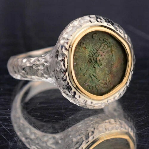 古代ローマの青銅貨、スターリングシルバー&14金製、レディースリング(サイズ6)